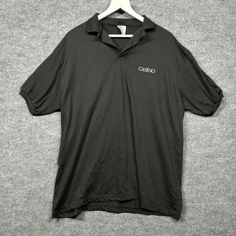 Vintage Hanes Polo Shirt Mens Black Casino Logo Ringer Short Sleeve Classic - XL